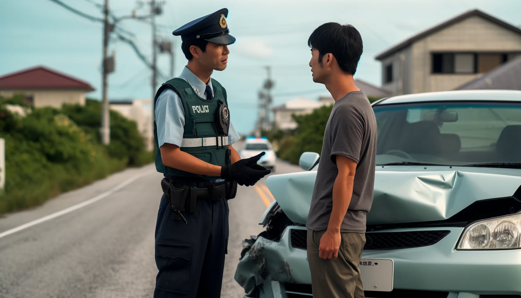 在沖繩站在出車禍的車旁邊與警察說話